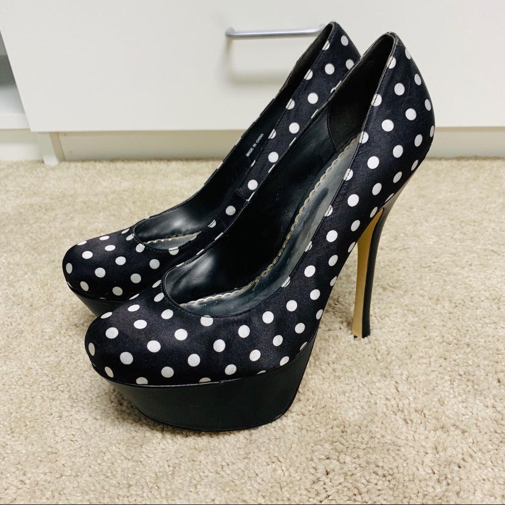 Bebe black and white polka dot platform heels